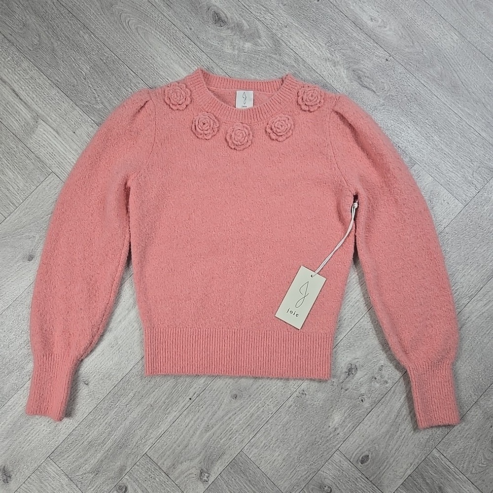 New! Joie Women's XS Pink Cable Knit Sweater Knitted Flowers Rose